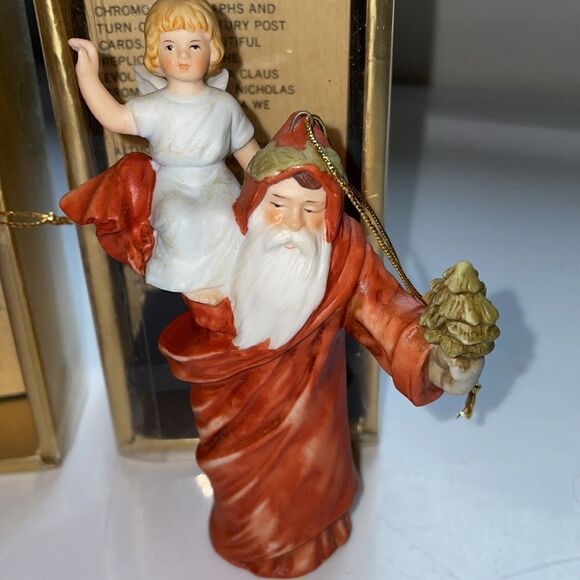 Vtg 80s set of two ceramic old fashioned Santa Claus Christmas tree ornaments - Picture 3 of 6